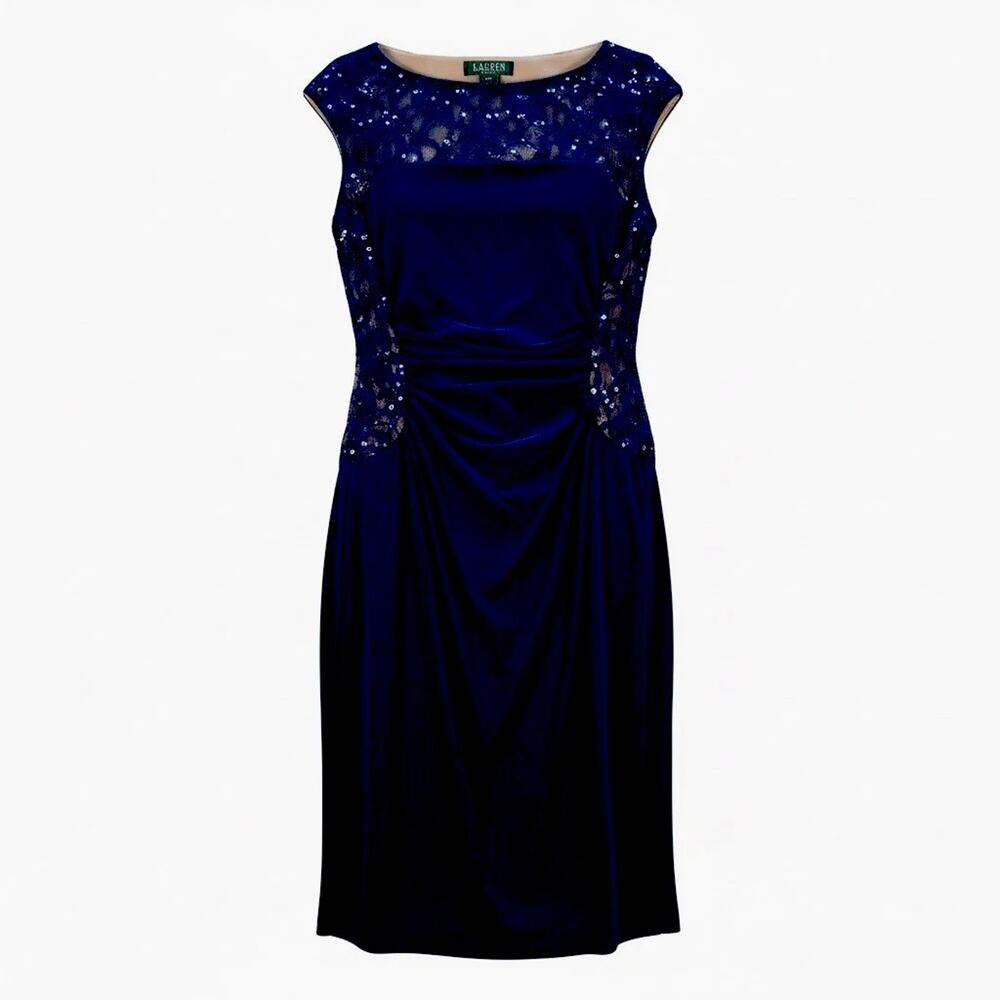 Lauren Ralph Lauren Navy Cocktail Dress Beaded Lace Detail Stretch Sleeveless 4P